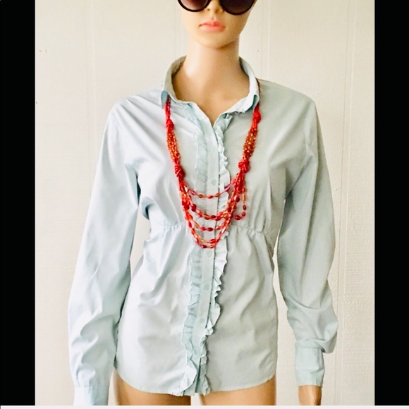 💙 New York & Company Ruffle Front Blue Shirt L - Picture 5 of 7